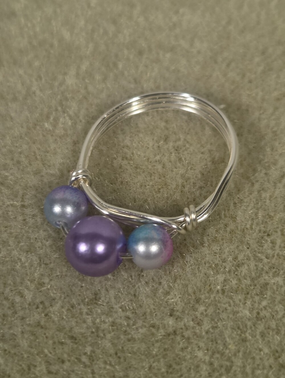 Handcrafted Silver Wire Ring with Purple, Pink, and Blue Pearl Beads